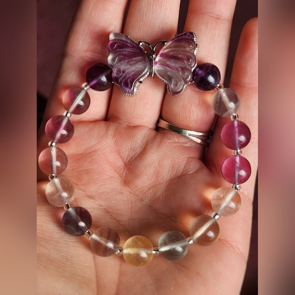 Handmade Genuine Candy Fluorite Butterfly Charm Beaded Crystal Bracelet - Picture 1 of 10